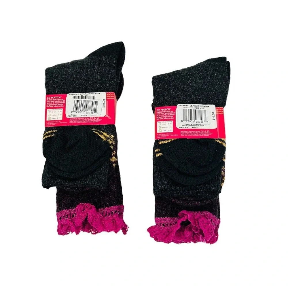 Nwt Gold Toe Girls Dress‎ Socks Size M 9-1.5 Kids Boot Crochet Lace 2 Pack